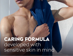Men's sensitive shower gel promotional scene with towel and clean skin