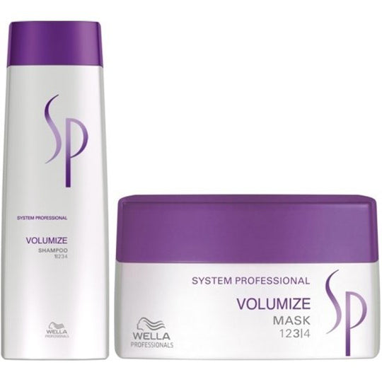 Volumize shampoo and mask set with white bottles, purple caps, SP logo