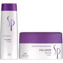 Volumize shampoo and mask set with white bottles, purple caps, SP logo