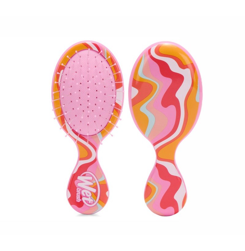 Mini detangling hair brush with pink cushion and rainbow swirl handle