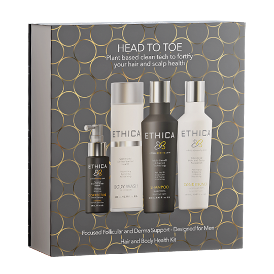 Ethica corrective head-to-toe gift pack with four body care bottles in a box