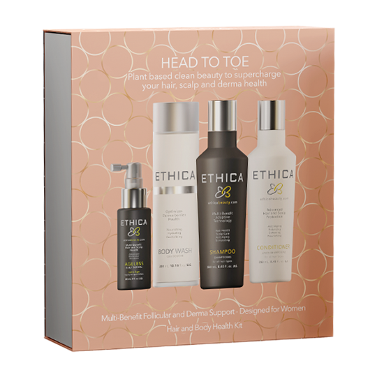 Head to toe beauty gift pack box with shampoo, conditioner and body wash bottles