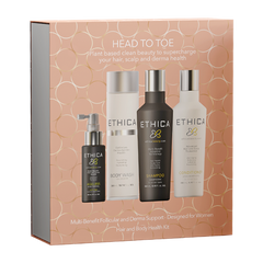 Head to toe beauty gift pack box with shampoo, conditioner and body wash bottles