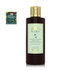 Kama Ayurveda extra virgin organic coconut oil bottle, dark amber with gold cap