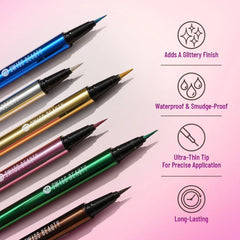 Assorted waterproof sketch eyeliners with pointed tips, including blue and gold shades