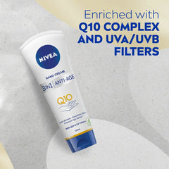 NIVEA Q10 3-in-1 anti-age hand cream tube, white with blue base and gold band