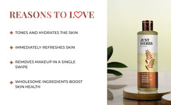 Just Herbs toner + micellar water bottle on pedestal, olive glass with gold cap