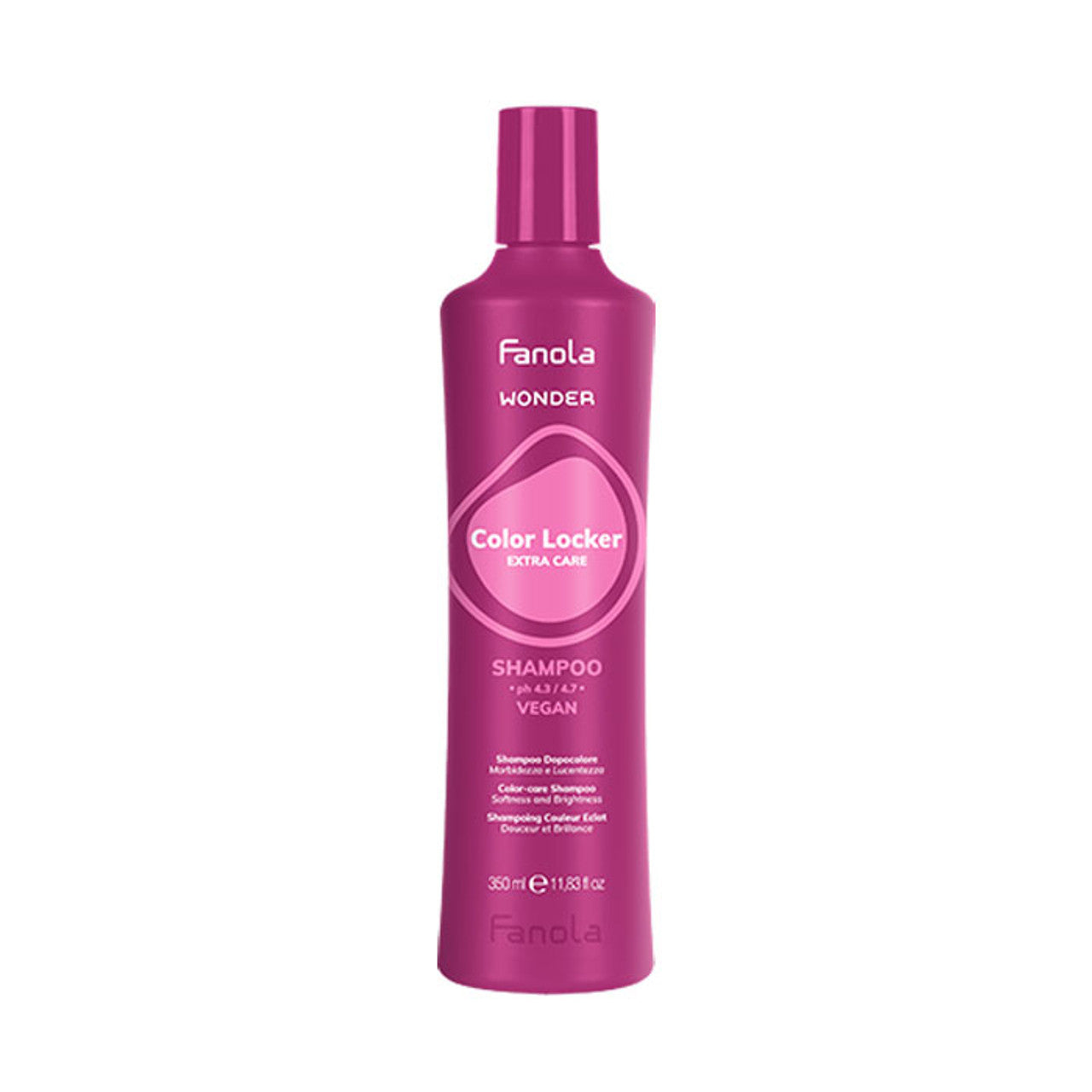 Fanola Wonder shampoo bottle, purple plastic with purple cap and Color Locker label