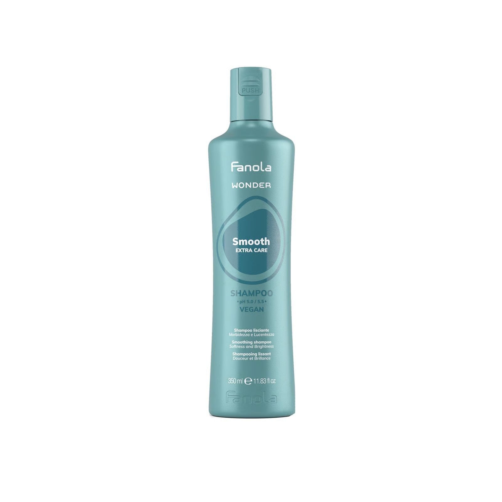 Fanola Wonder Smooth shampoo bottle, teal plastic with pump cap, 350 ml