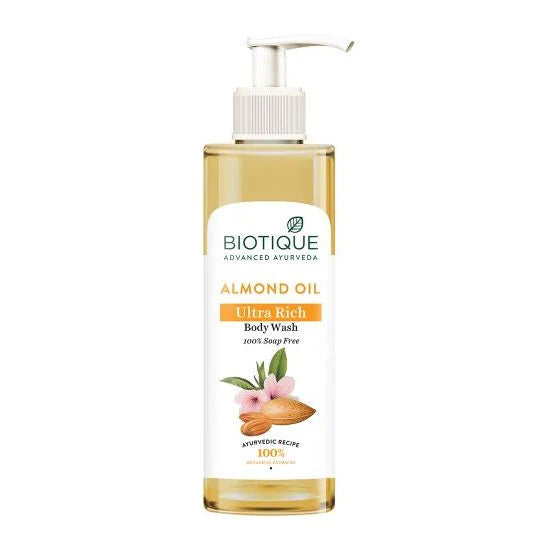 Almond oil body wash bottle with pump, Biotique Ultra Rich, 200 ml
