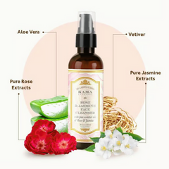 Rose jasmine face cleanser bottle with black pump, surrounded by flowers and herbs