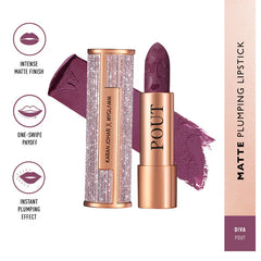 Purple matte plumping lipstick with rose-gold tube and smear swatch beside it