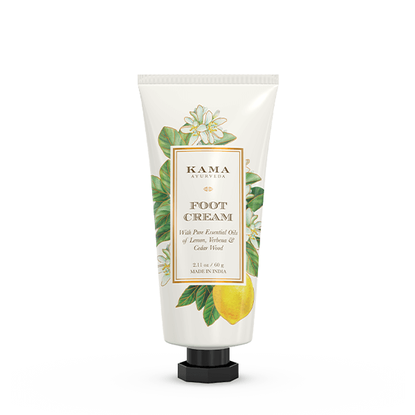 Foot cream tube with botanical lemon and flower label, white cap, front view