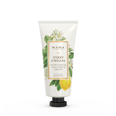 Foot cream tube with botanical lemon and flower label, white cap, front view