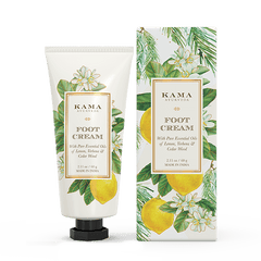Foot cream tube beside boxed foot cream, botanical lemon and flower artwork, front view