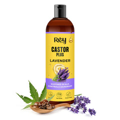 Castor plus lavender hair oil bottle with black cap and purple label, 200 ml