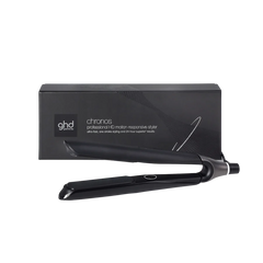 ghd Chronos black hair straightener and retail box with product label