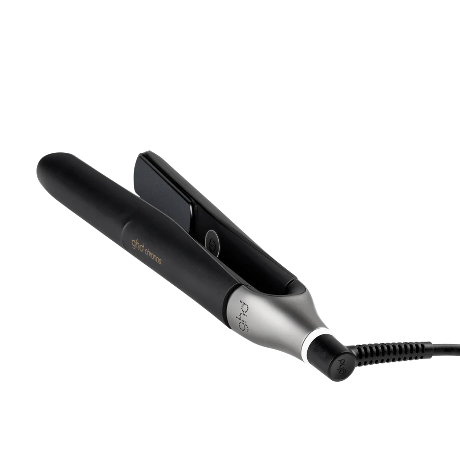 ghd Chronos black hair straightener with silver barrel and wide heating plates
