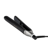 ghd Chronos black hair straightener with silver barrel and wide heating plates