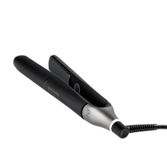 ghd Chronos black hair straightener with silver barrel and wide heating plates