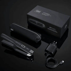 Cordless hair straightener and charging cable with black storage box