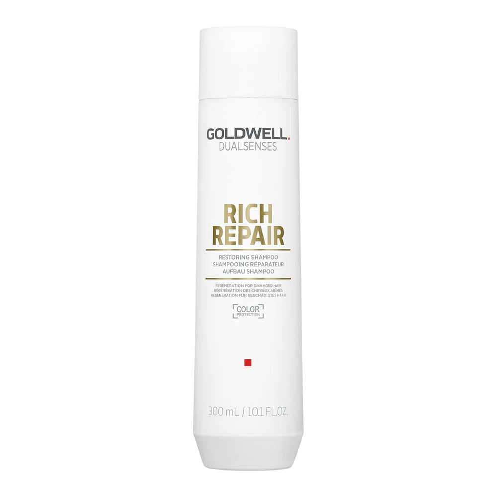 Goldwell Dualsenses Rich Repair shampoo bottle, 300 ml, white with gold label