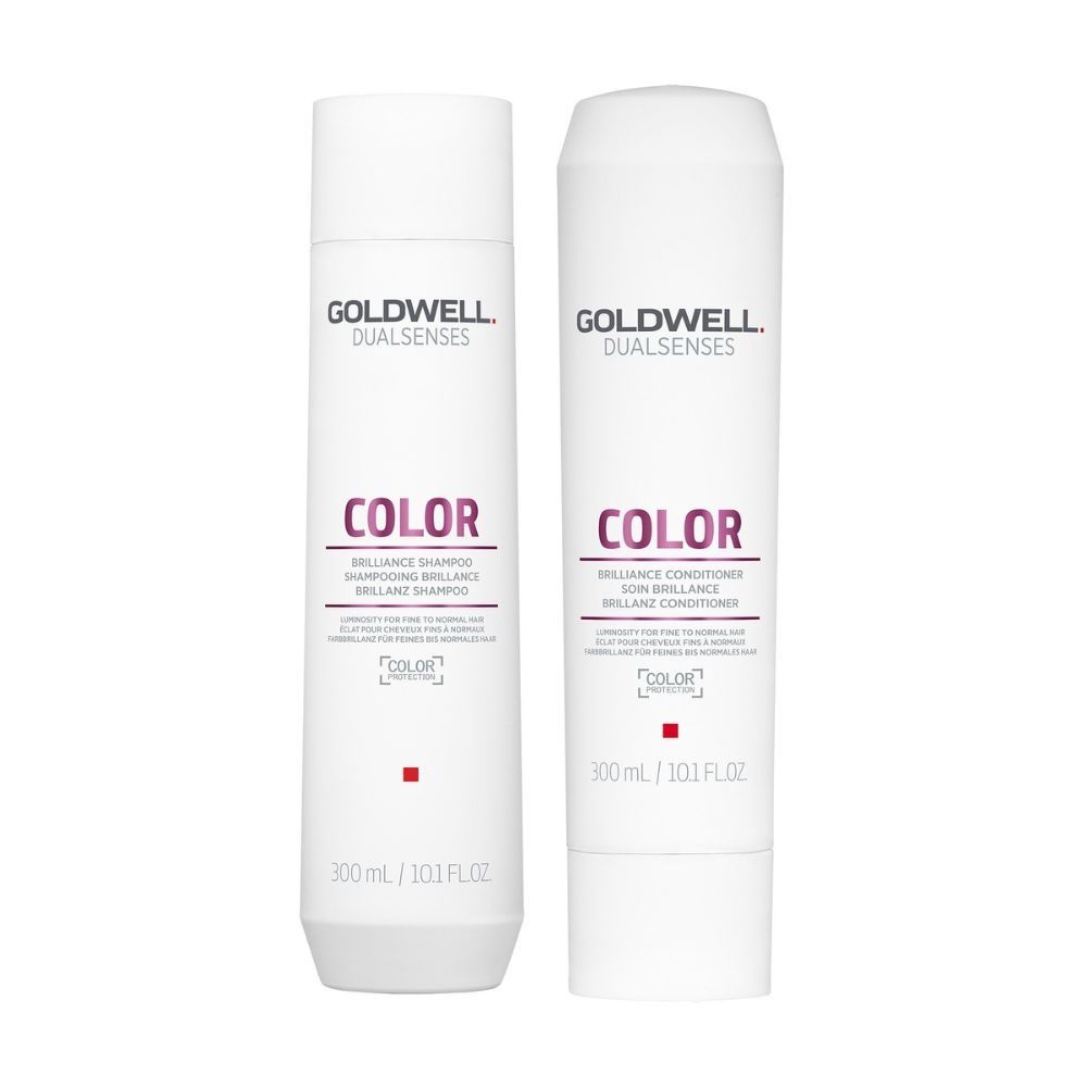 Color Brilliance shampoo and conditioner bottles, white with red label, 300 ml each