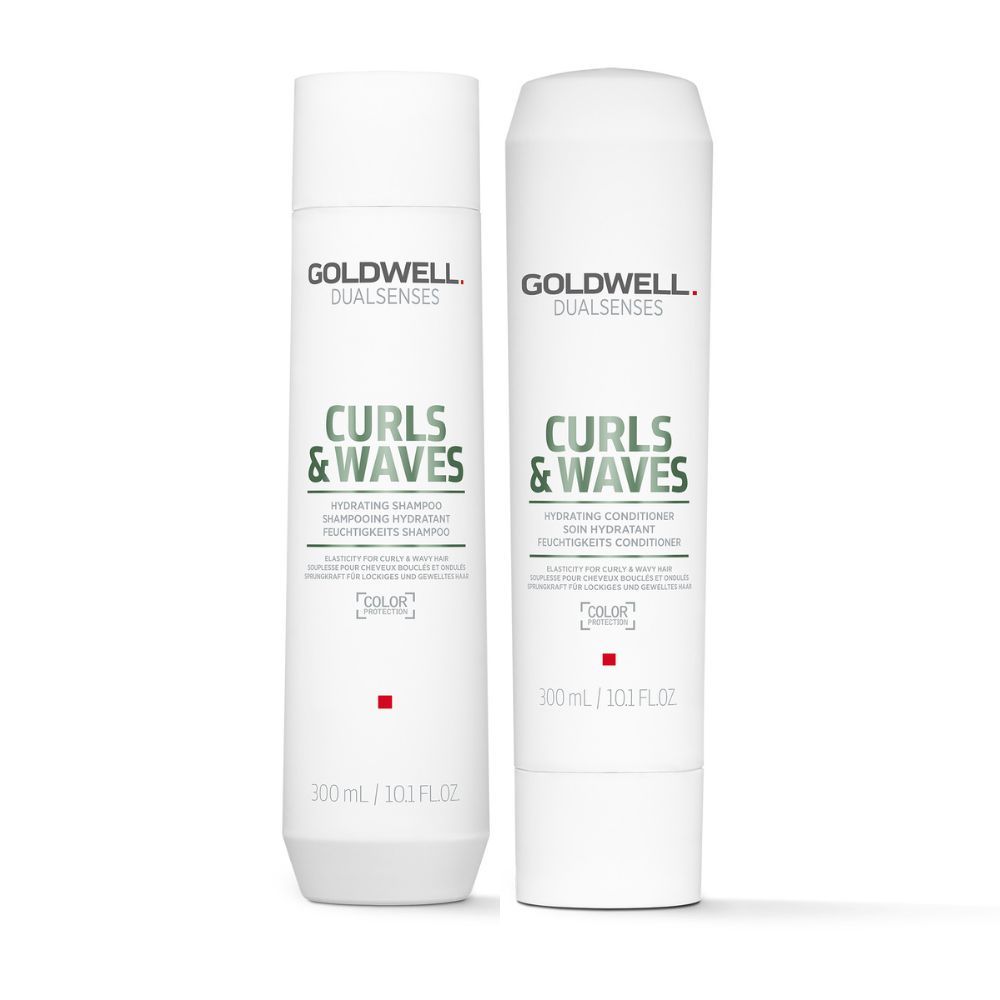 Hydrating shampoo and conditioner bottles for curls and waves, white with green text
