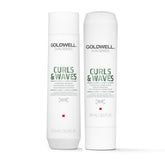 Hydrating shampoo and conditioner bottles for curls and waves, white with green text