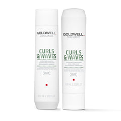Hydrating shampoo and conditioner bottles for curls and waves, white with green text