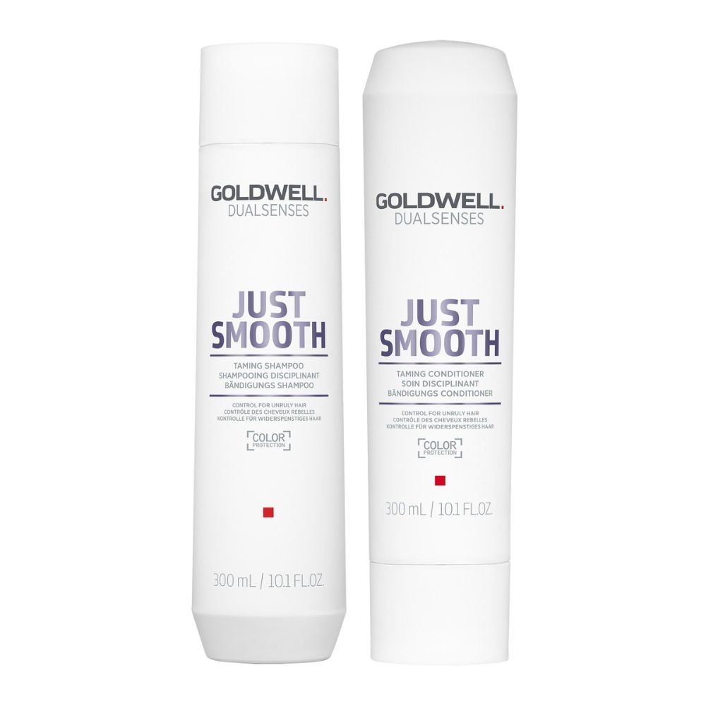 Hair taming shampoo and conditioner bundle, two white bottles labeled Just Smooth