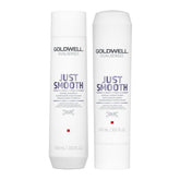 Hair taming shampoo and conditioner bundle, two white bottles labeled Just Smooth