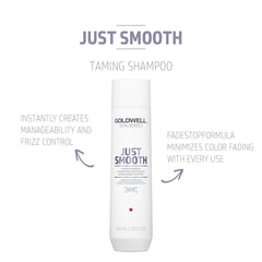 Taming shampoo bottle, white plastic with Goldwell Just Smooth branding