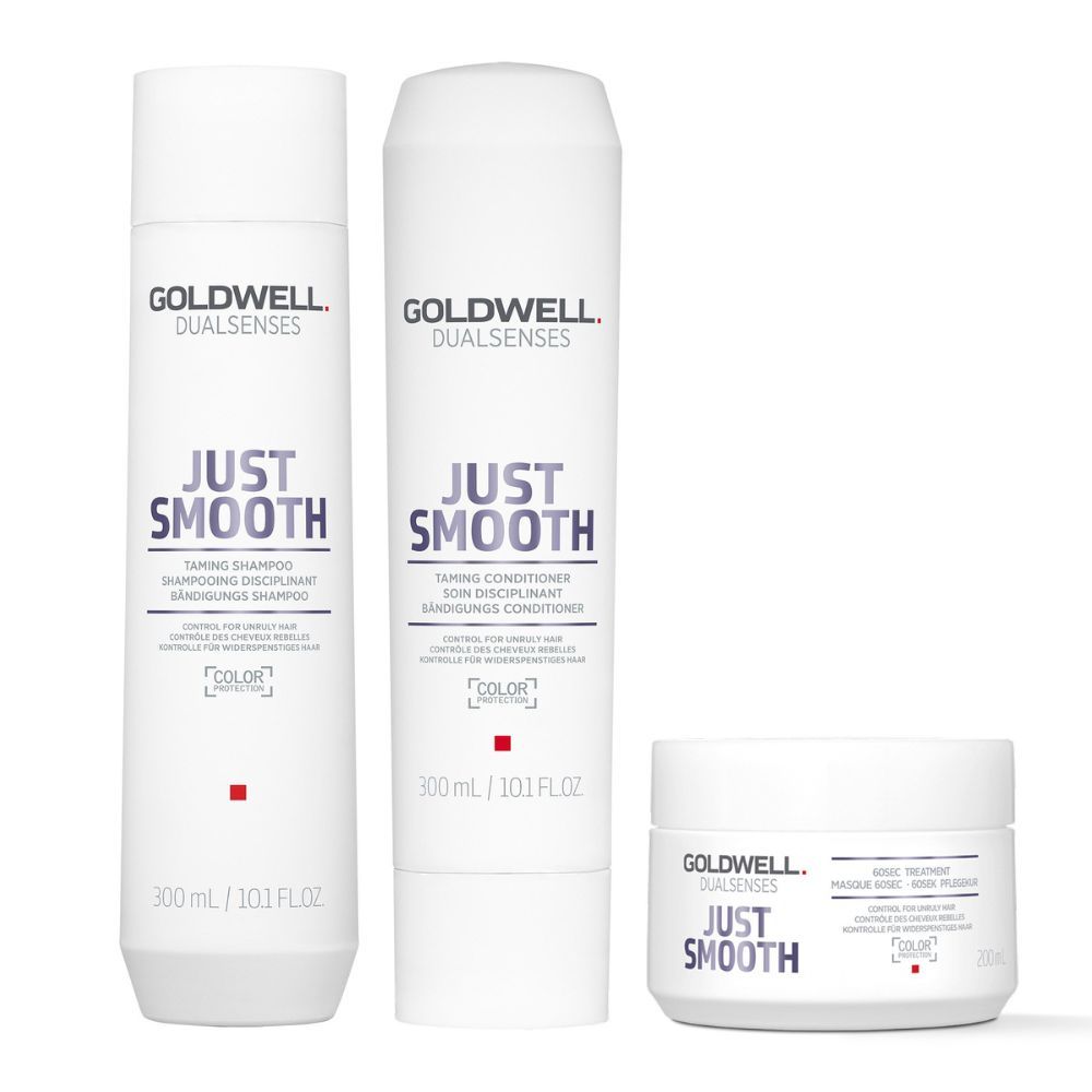 Hair care bundle with two white bottles and one white jar, Just Smooth label