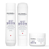 Hair care bundle with two white bottles and one white jar, Just Smooth label