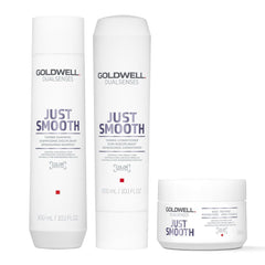 Hair care bundle with two white bottles and one white jar, Just Smooth label