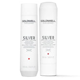 Silver shampoo and conditioner bottles bundle, white with Goldwell Dualsenses labels