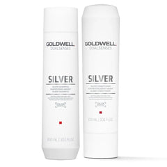 Silver shampoo and conditioner bottles bundle, white with Goldwell Dualsenses labels