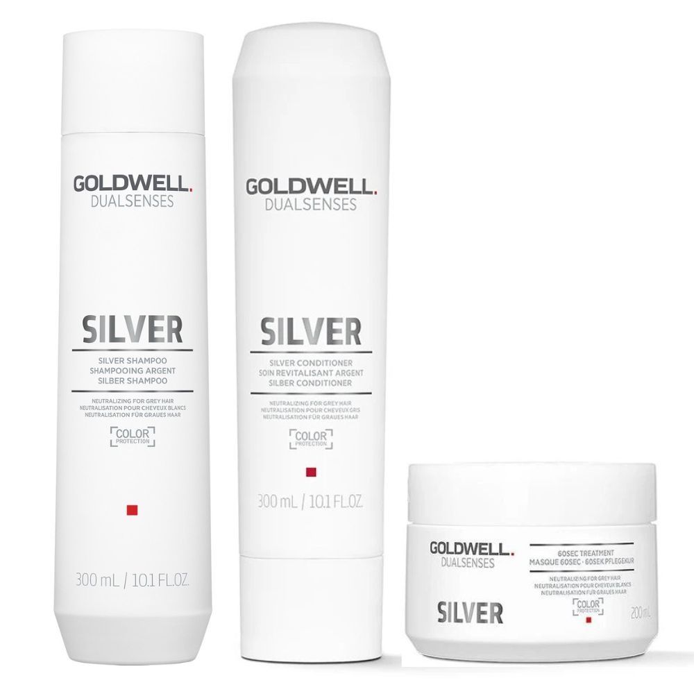 Silver hair care bundle with two bottles and a treatment jar, all white with SILVER labels