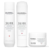 Silver hair care bundle with two bottles and a treatment jar, all white with SILVER labels