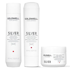 Silver hair care bundle with two bottles and a treatment jar, all white with SILVER labels