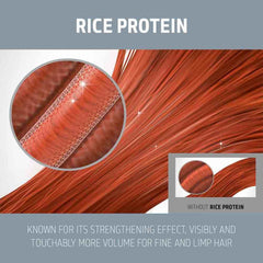 Ultra Volume hair care ad graphic with red hair strands and rice protein text