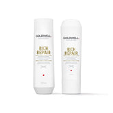 Goldwell Dualsenses Rich Repair restoring shampoo and conditioner bottles, 300 ml each