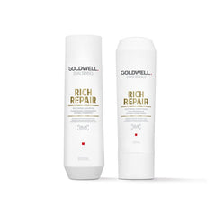 Goldwell Dualsenses Rich Repair restoring shampoo and conditioner bottles, 300 ml each