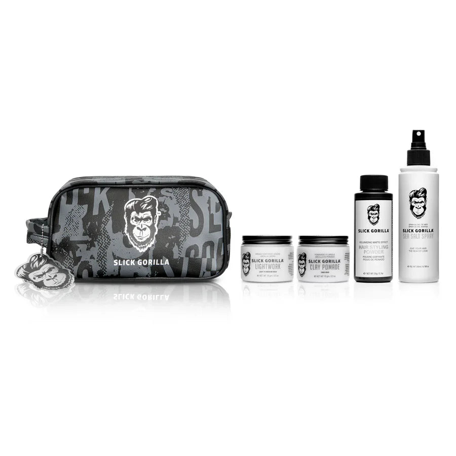 Grooming set: patterned zip pouch with bottles and spray