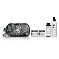 Grooming set: patterned zip pouch with bottles and spray