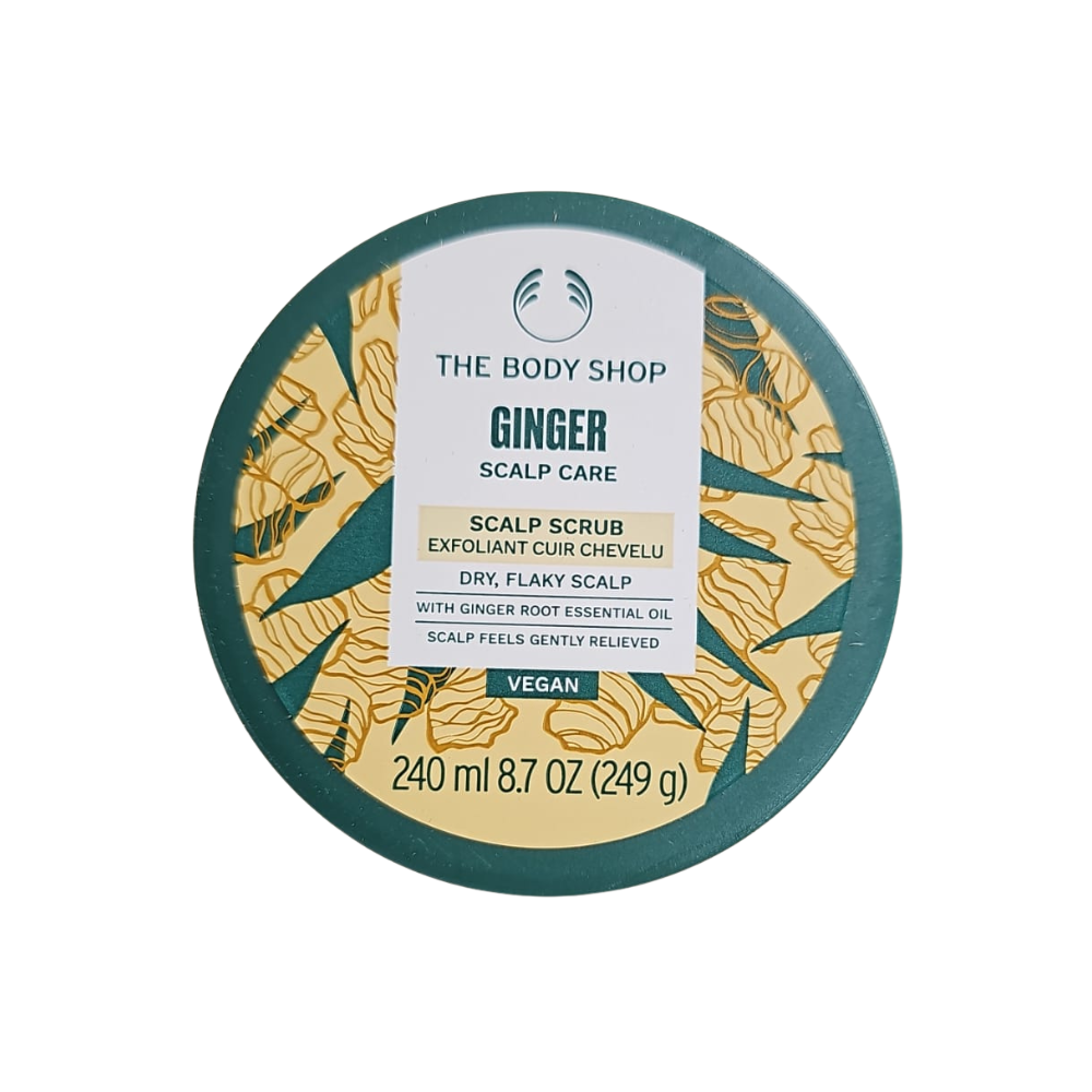 The Body Shop Ginger scalp scrub in round teal tub, 240 ml label