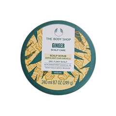 The Body Shop Ginger scalp scrub in round teal tub, 240 ml label