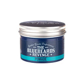 Bluebeards Revenge pomade jar, blue with teal label and silver ribbed lid