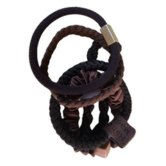 Handmade ponytail holder with braided fabric loops in dark brown and black with clip